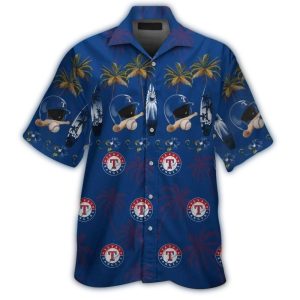 Texas Rangers Tropical Hawaiian Shirt With Helmet, Bat, And Ball Design