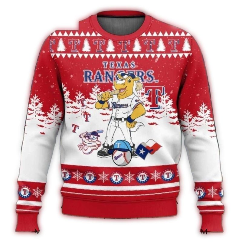 Texas Rangers Mascot Red And White Ugly Christmas Sweater 1