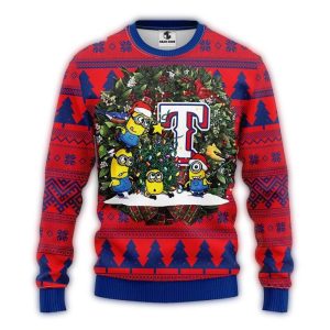 Texas Rangers Minions Festive Wreath Ugly Christmas Sweater