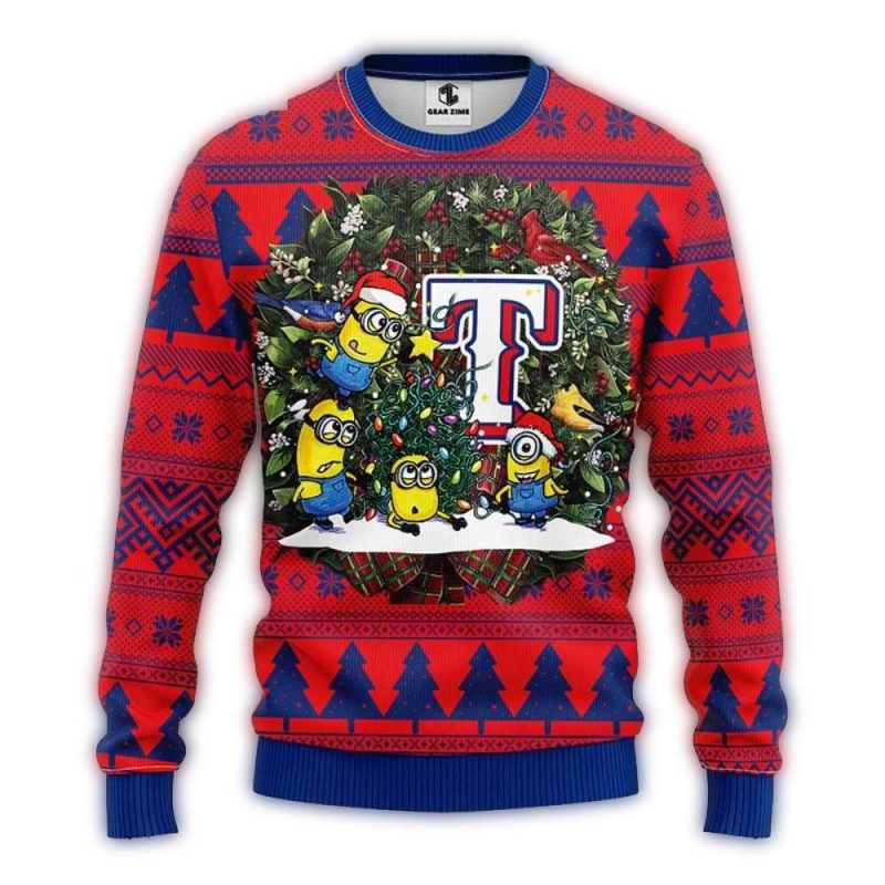 Texas Rangers Minions Festive Wreath Ugly Christmas Sweater 1