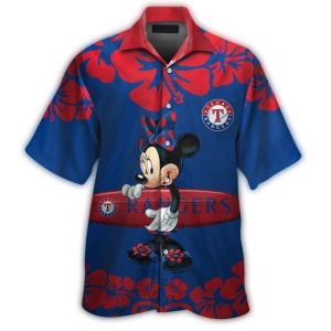 Texas Rangers Tropical Hawaiian Shirt With Minnie Mouse Surf Flower Design