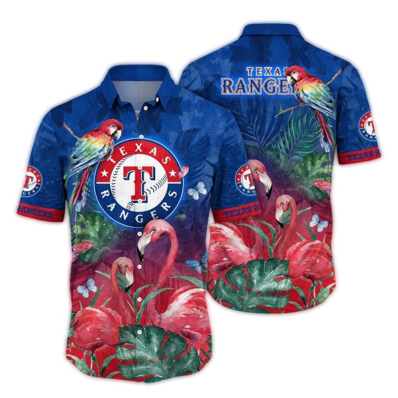 Texas Rangers Parrot and Flamingo Leafs Vintage Hawaiian Shirt 1