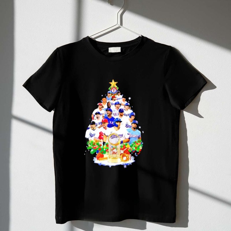 Texas Rangers Players Christmas Tree with Trophy and Ornaments T Shirt t shirt 1 1