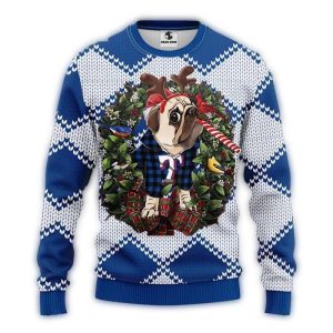 Texas Rangers Pug Reindeer Blue Plaid Christmas Ugly Sweater