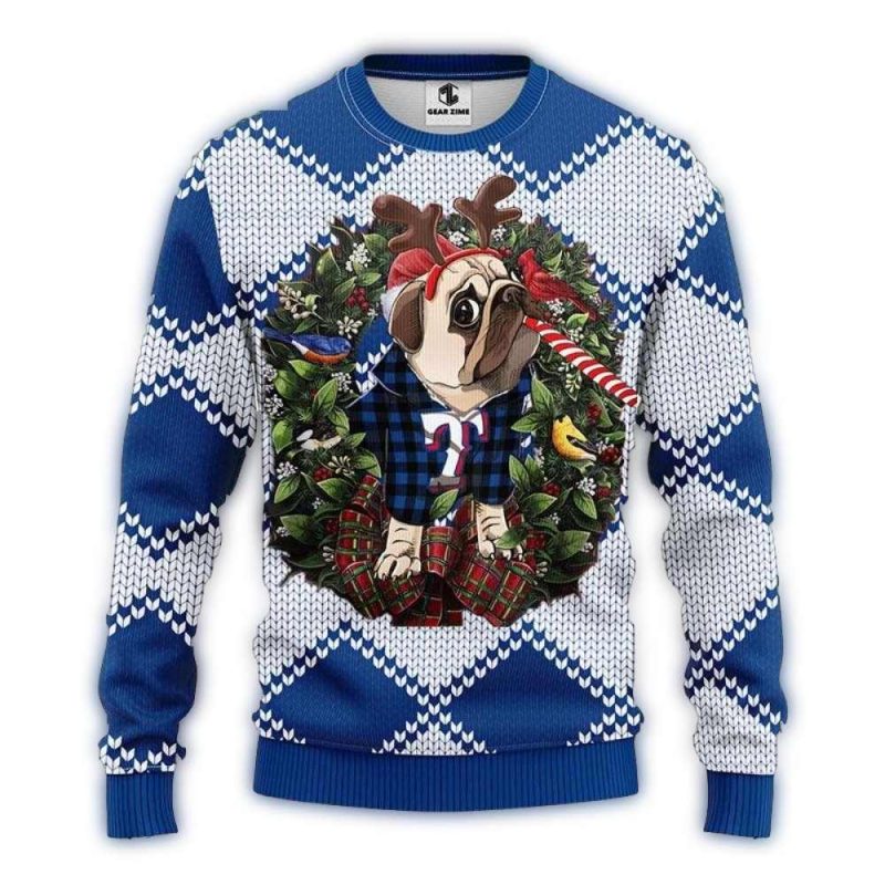 Texas Rangers Pug Reindeer Blue Plaid Christmas Ugly Sweater 1