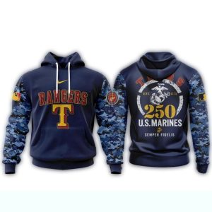 Texas Rangers Special Usmc 250Th Birthday All-Over Print Hoodie