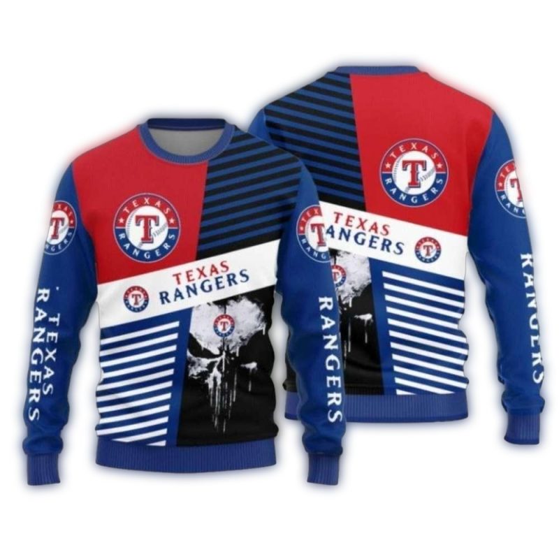 Texas Rangers Split Stripes Skull Blue Red Ugly Sweater 1