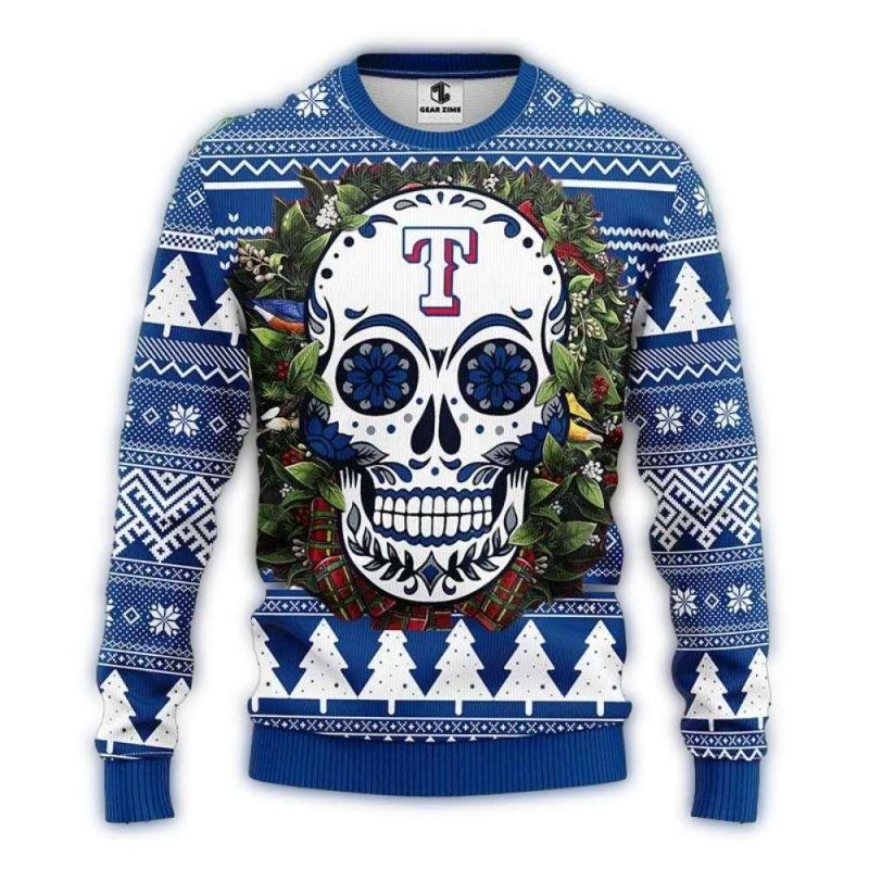 Texas Rangers Sugar Skull Wreath Christmas Ugly Sweater 1