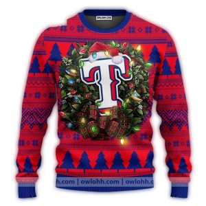 Texas Rangers Wreath Lights Plaid Christmas Ugly Sweater
