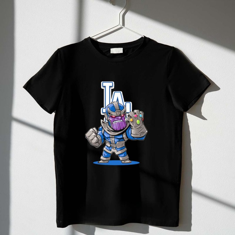 Thanos in Los Angeles Dodgers Colors with Infinity Gauntlet Front of LA T Shirt.jpeg t shirt 1 1