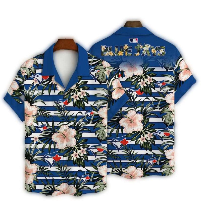 Toronto Blue Jays Hibiscus Stripes Hawaiian Shirt 1
