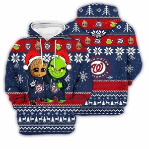 Washington Nationals Baby Groot & Grinch Christmas Hoodie For Kids
