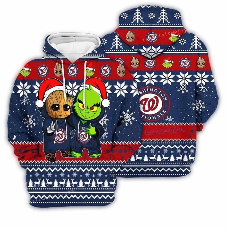 Washington Nationals Baby Groot And Grinch Ugly Christmas All over Print Hoodie 1