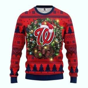 Washington Nationals Christmas Ugly Sweater With Wreath & Santa Hat