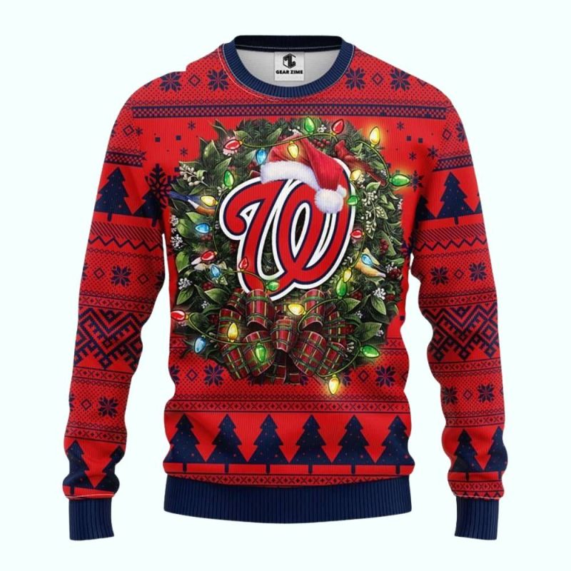 Washington Nationals Christmas With Wreath And Santa Hat Ugly Sweater 1