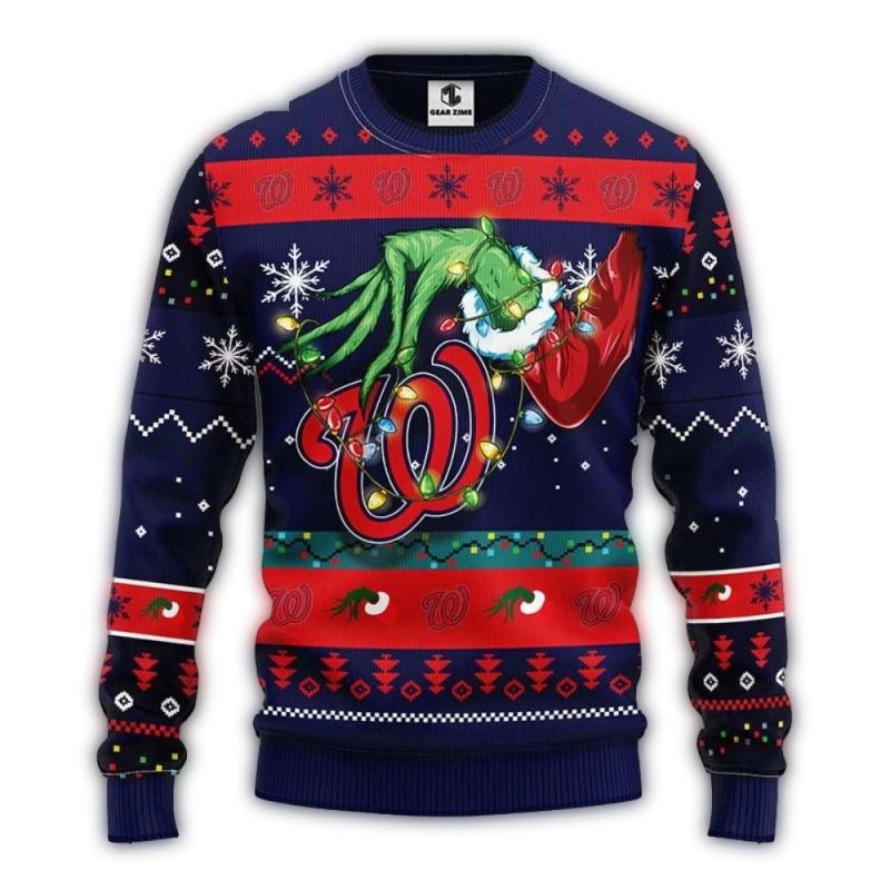 Washington Nationals Grinch Themed Light Christmas Ugly Sweater 1