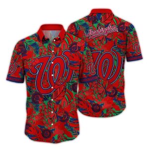 Vintage Washington Nationals Hawaiian Shirt With Leaf Pattern Design