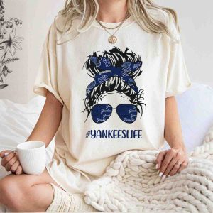 Yankeeslife Women'S Messy Bun Girl T-Shirt With Yankees Headband & Glasses