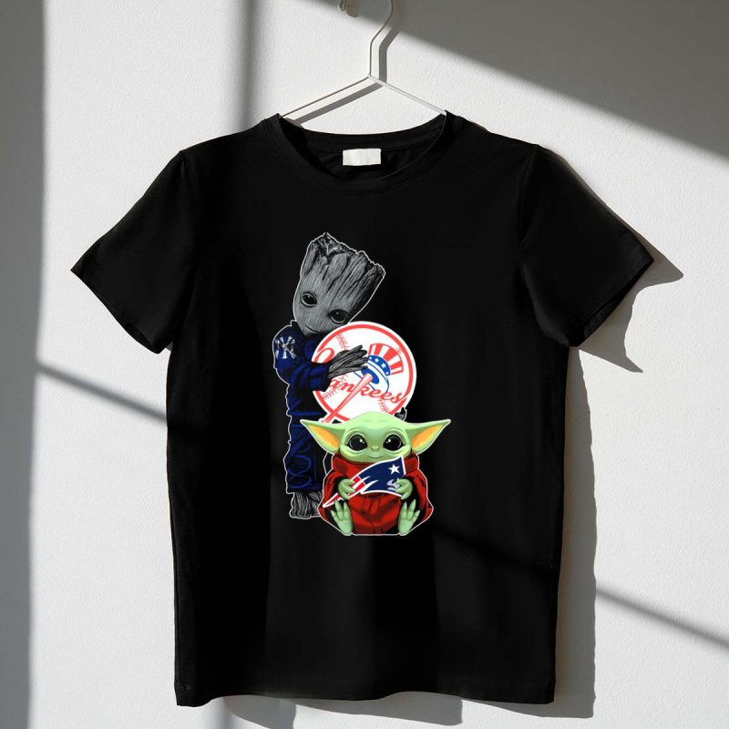 Yankees Baby Groot and Grogu Holding Patriots T Shirt t shirt 1 1
