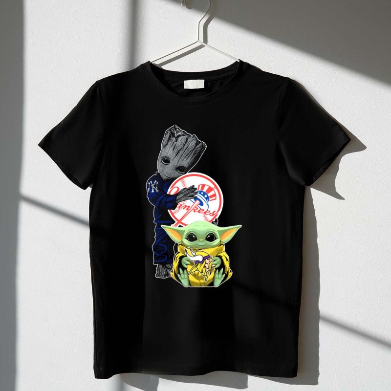 Yankees Baby Groot and Yoda Star Wars Minnesota Vikings T Shirt t shirt 1 1