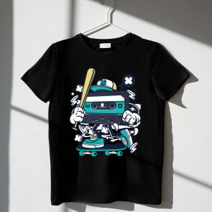 Yankees Cap Skater T-Shirt Featuring Cassette, Bat, And Sneakers Design