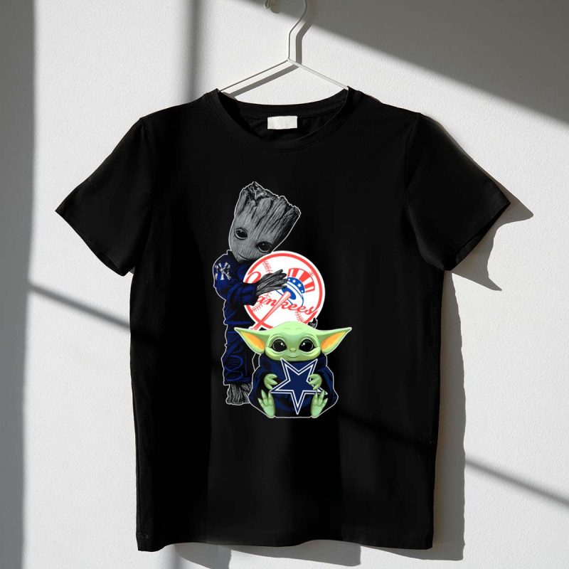 Yankees Cowboys Baby Groot and Baby Yoda Star Wars Crossover T Shirt t shirt 1 1