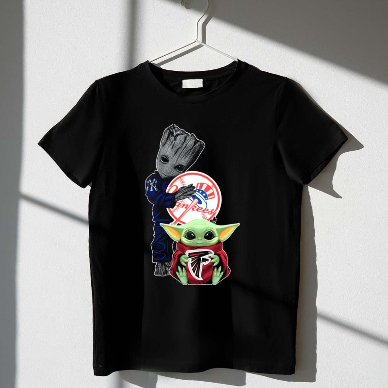 Yankees Falcons Baby Groot and Mandalorian Character T Shirt t shirt 1 1