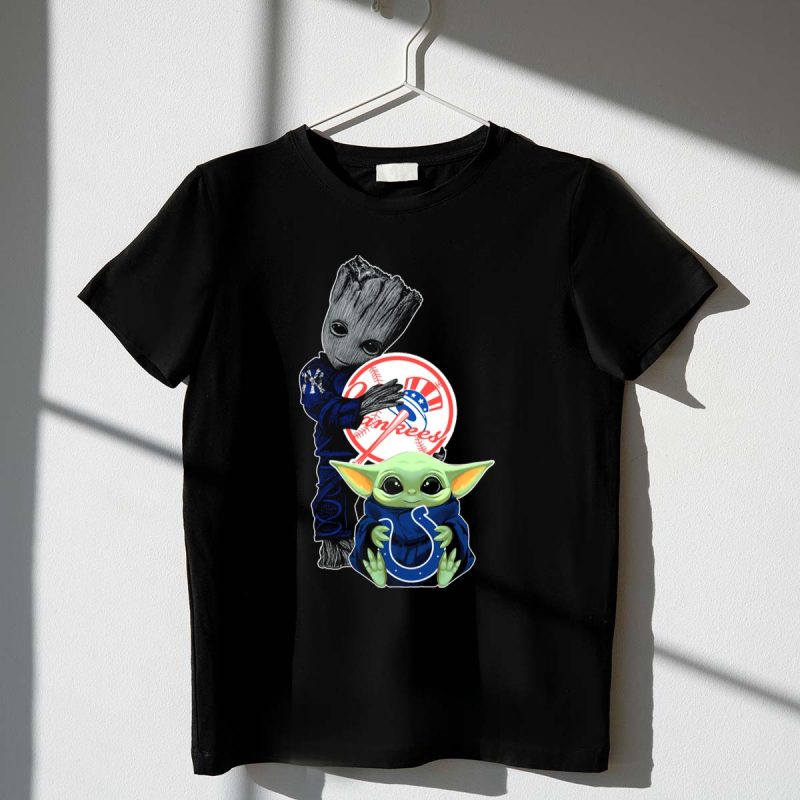 Yankees Groot Holding Baseball with Colts Baby Yoda T Shirt t shirt 1 1