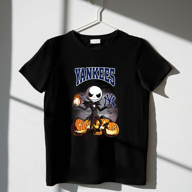Yankees Jack Skellington Halloween with Pumpkins and Baseball T Shirt t shirt 1 1