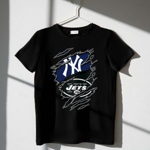 Yankees Jets Dual Logo Torn Effect Graphic T-Shirt For Sports Fans