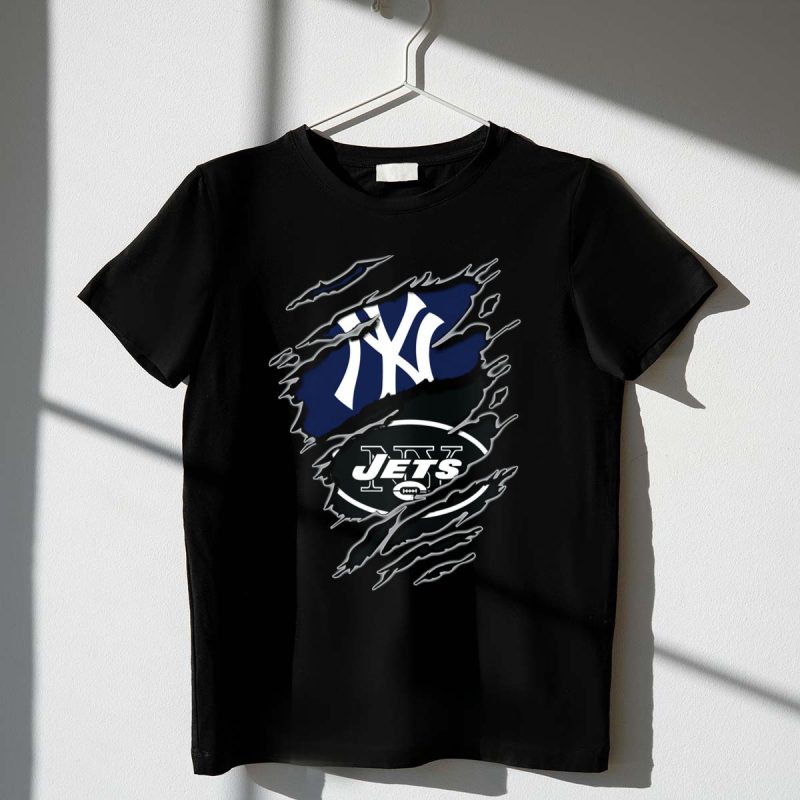 Yankees Jets Dual Logo Graphic with Torn Effect T Shirt t shirt 1 1