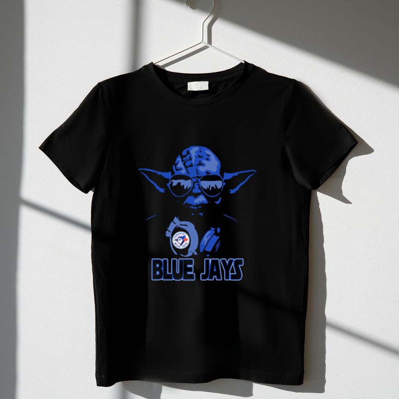 Yoda Star Wars Fan in Toronto Blue Jays Gear with Logo and Blue Jays Text T Shirt t shirt 1 1