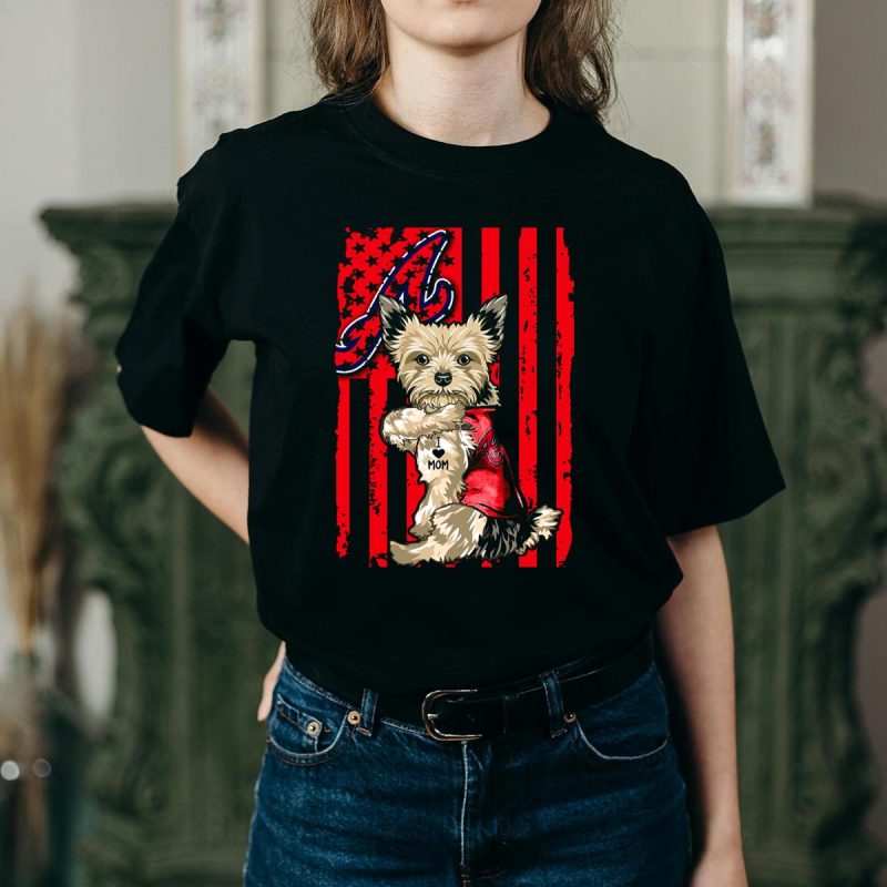 Yorkshire Terrier I Love Mom T-Shirt - Atlanta Braves American Flag Design - Image 2