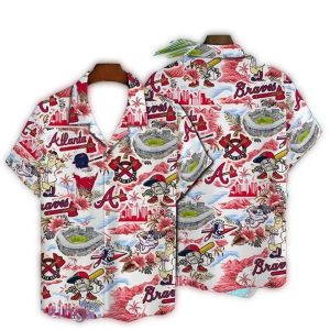 Atlanta Braves Patterned Hawaiian Shirt On White Background