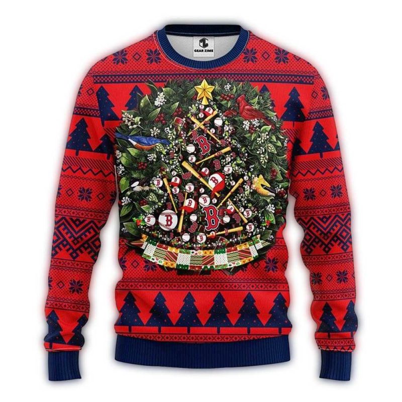 Boston Red Sox Christmas Ugly Sweater with Tree Symbol Design