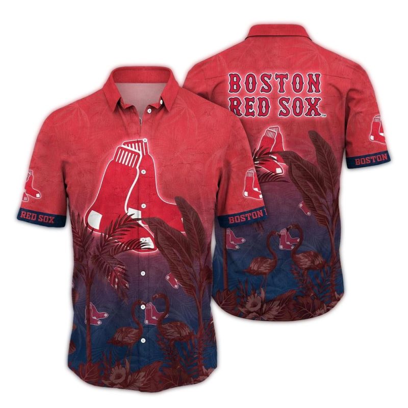 Boston Red Sox Tropical Hawaiian Shirt with Flamingo Leaf Design - Image 2