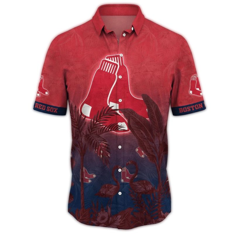 Boston Red Sox Tropical Hawaiian Shirt with Flamingo Leaf Design - Image 3