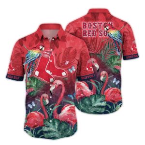 Boston Red Sox Hawaiian Shirt with Flamingo and Parrot Leaf Print