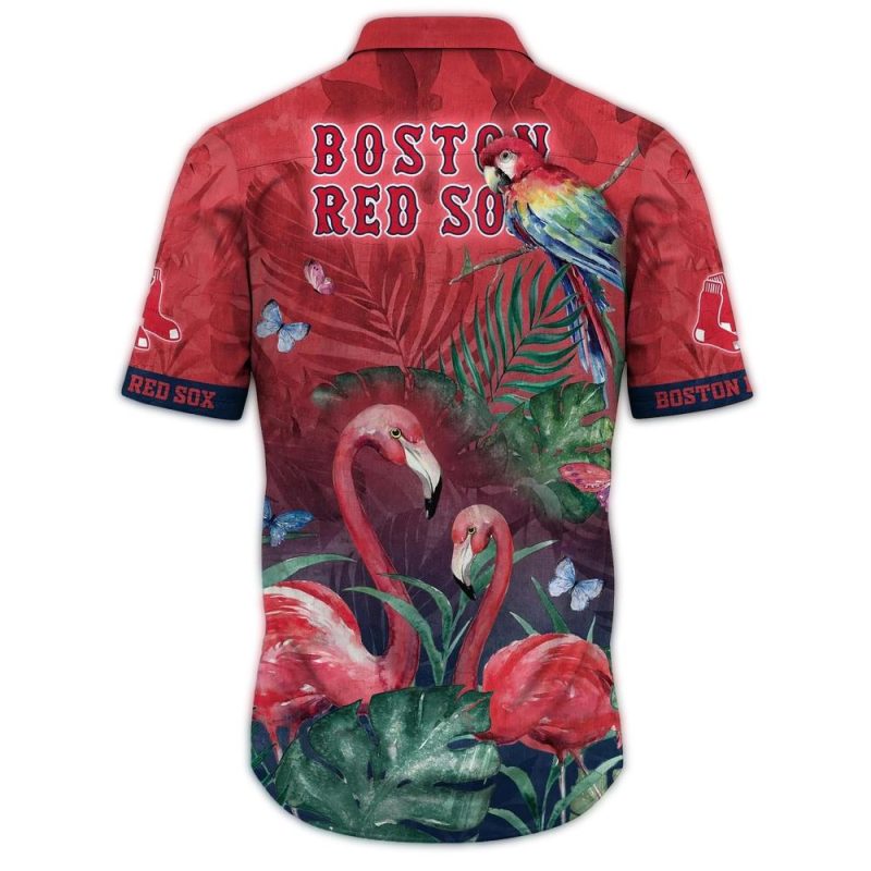 Boston Red Sox Hawaiian Shirt with Flamingo and Parrot Leaf Print - Image 2