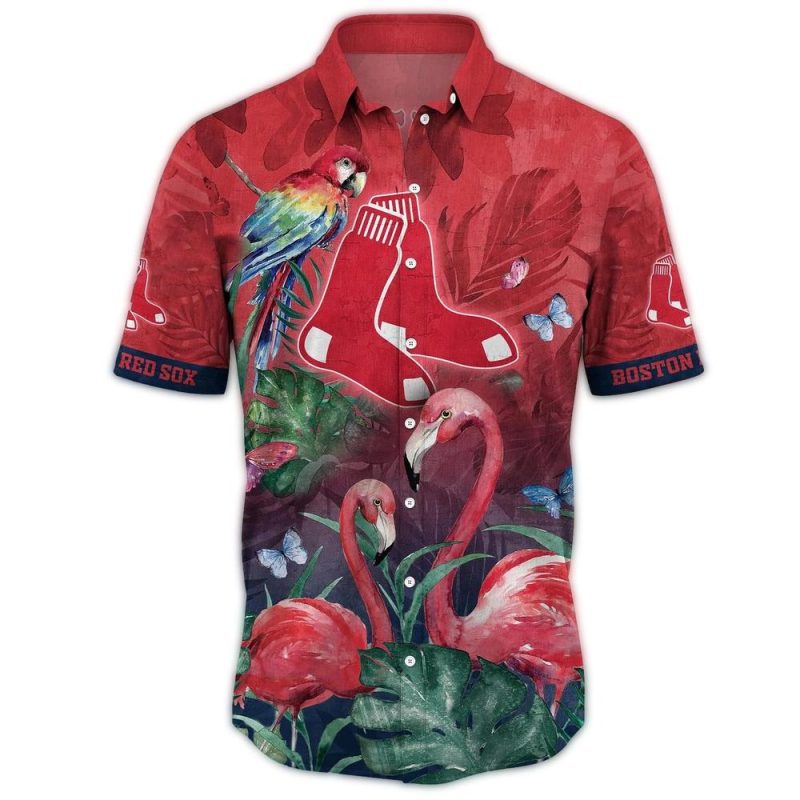 Boston Red Sox Hawaiian Shirt with Flamingo and Parrot Leaf Print - Image 3