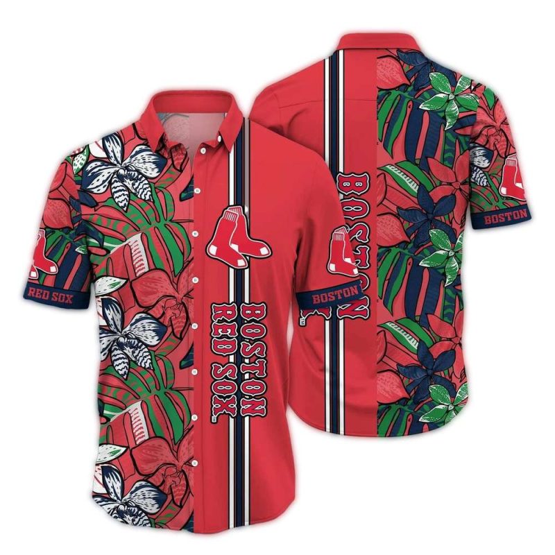 Boston Red Sox Floral Leaf Pattern Hawaiian Shirt for Men and Women - Image 2