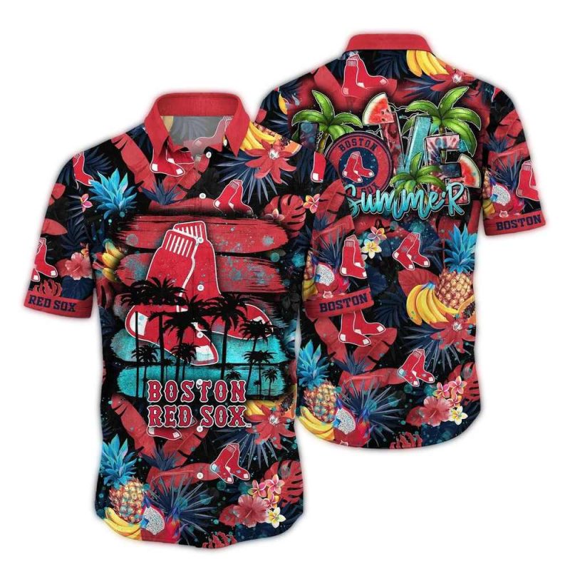 Boston Red Sox Tropical Hawaiian Shirt with Fruit Beach Pattern - Image 2