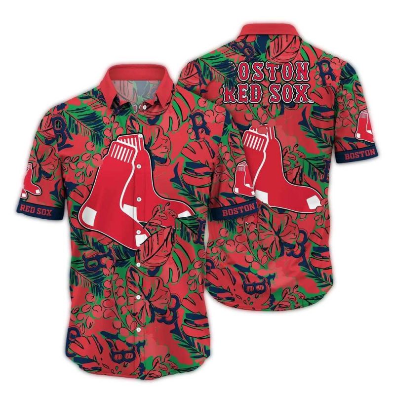 Boston Red Sox Tropical Hawaiian Shirt with Leaf Design - Image 3