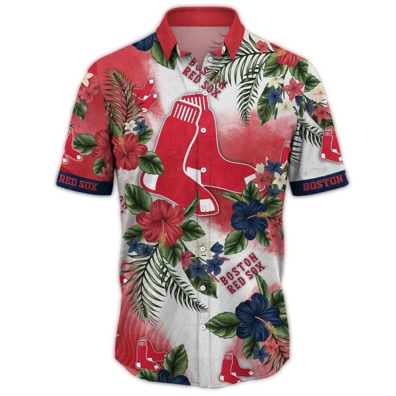 Boston Red Sox Floral Hawaiian Shirt - Tropical Pattern Tee - Image 2