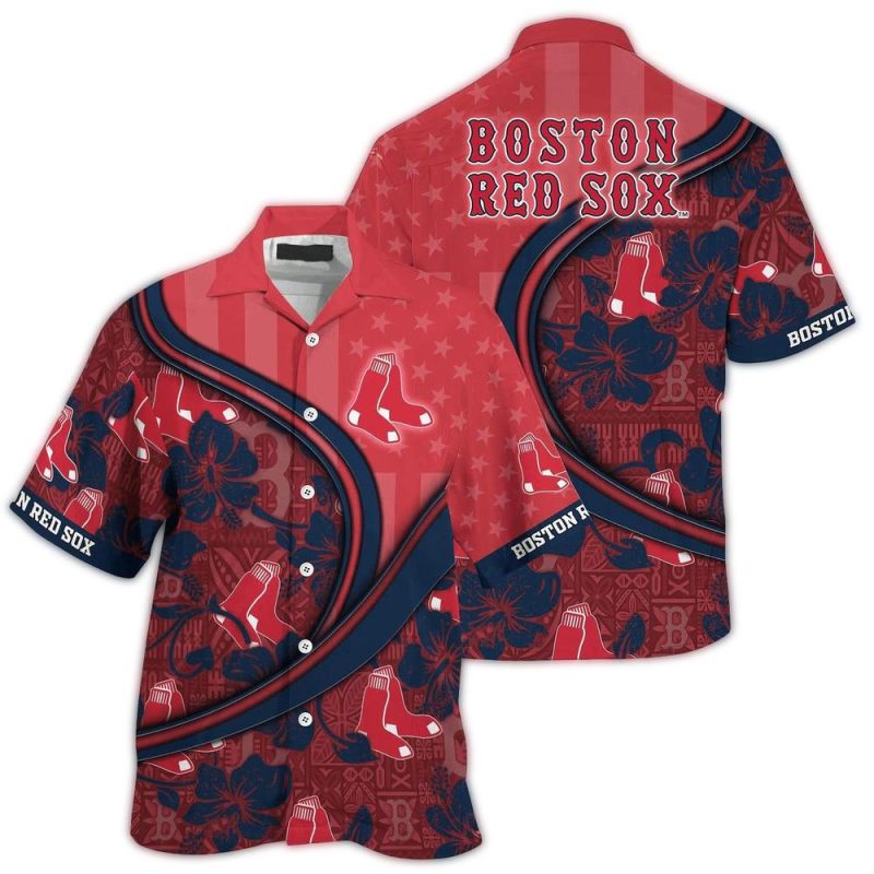 Boston Red Sox 4th of July Hawaiian Shirt with Flower and Flag Design - Image 2