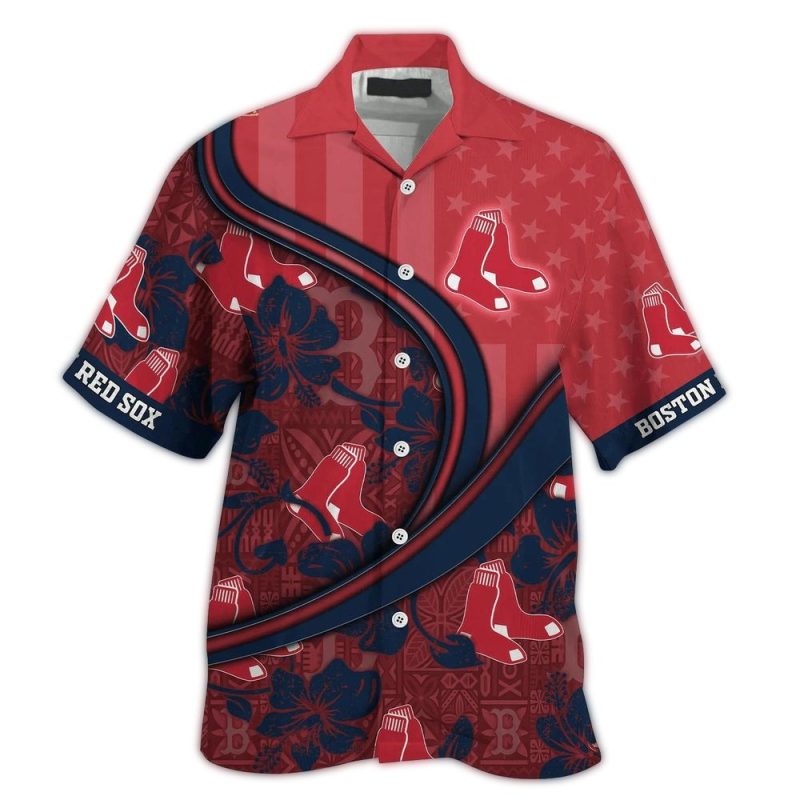Boston Red Sox 4th of July Hawaiian Shirt with Flower and Flag Design - Image 3