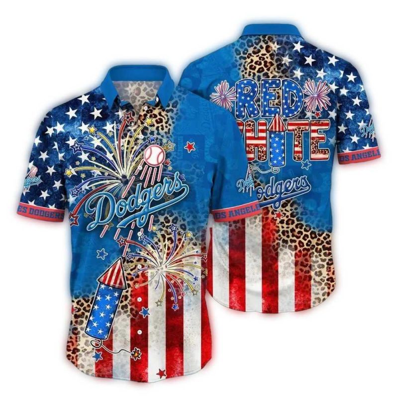 Los Angeles Dodgers 4th of July Hawaiian Shirt with Fireworks & Flag
