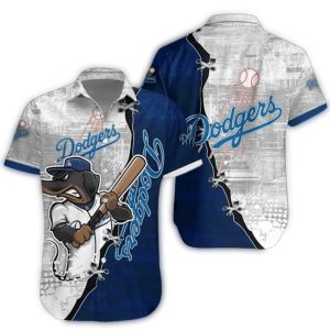Los Angeles Dodgers Mascot Hawaiian Shirt - Fun Bat Swing Design