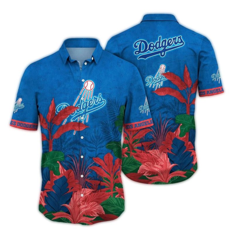 Los Angeles Dodgers Leaf Pattern Hawaiian Shirt for Fans - Image 2