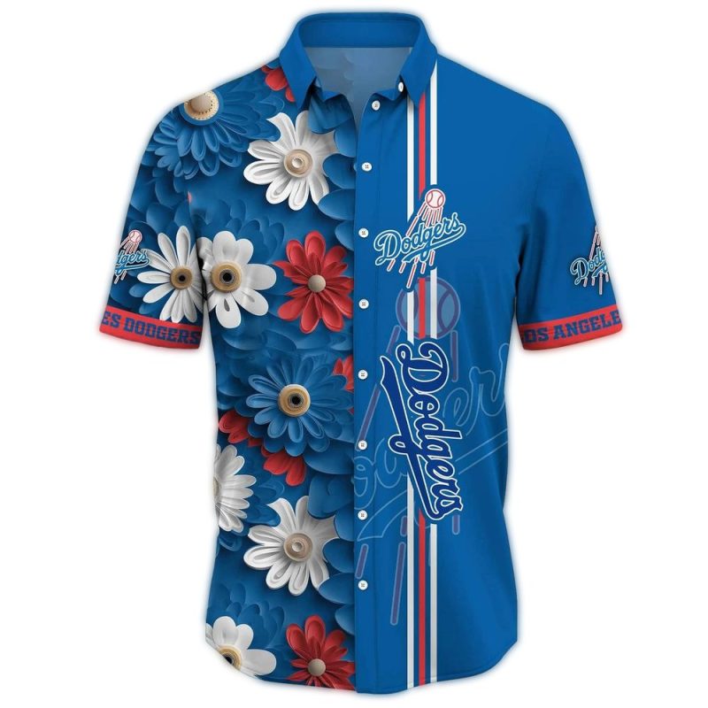 Los Angeles Dodgers Tropical Hawaiian Shirt with Floral Heart Design - Image 2